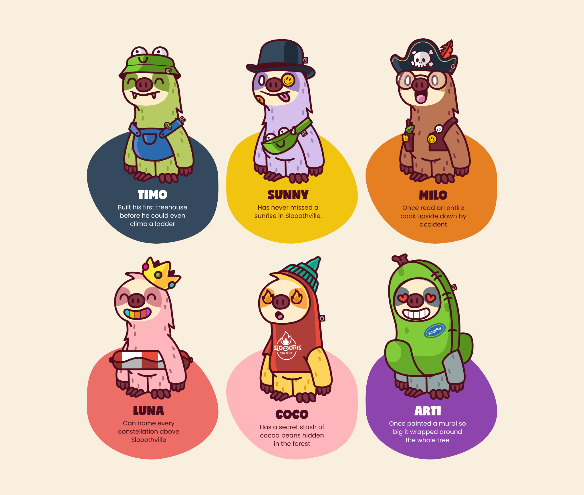 Sloooths character lineup